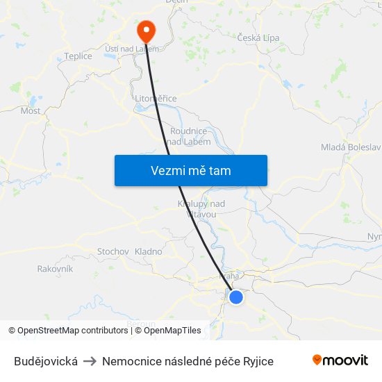 Budějovická to Nemocnice následné péče Ryjice map