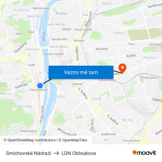 Smíchovské Nádraží to LDN Obloukova map