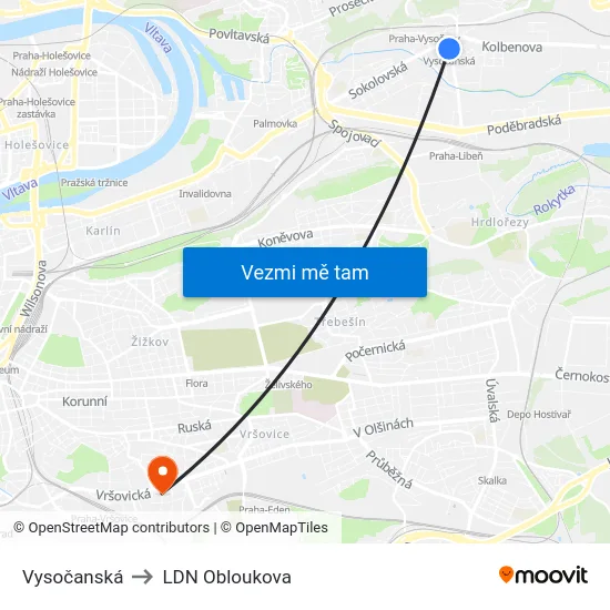 Vysočanská to LDN Obloukova map