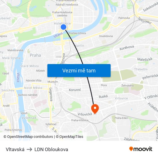 Vltavská to LDN Obloukova map