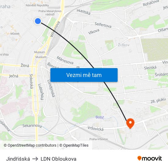 Jindřišská to LDN Obloukova map