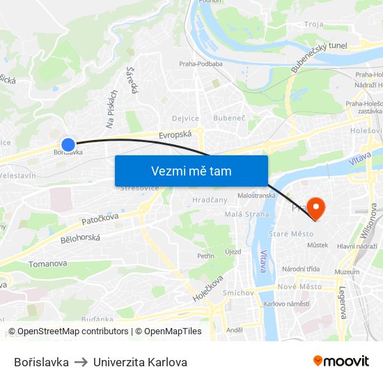 Bořislavka to Univerzita Karlova map