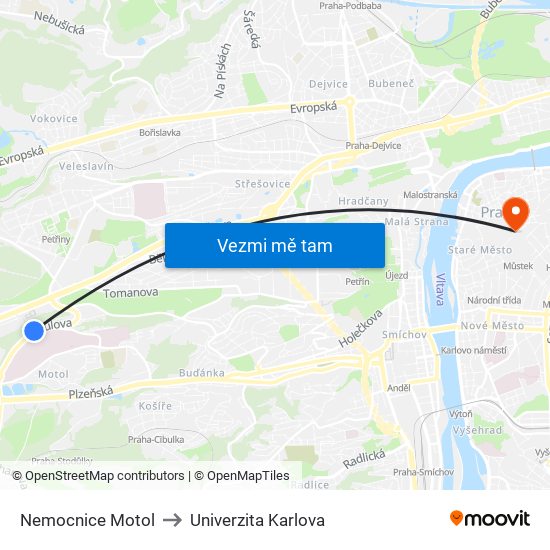 Nemocnice Motol to Univerzita Karlova map