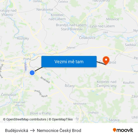 Budějovická to Nemocnice Český Brod map