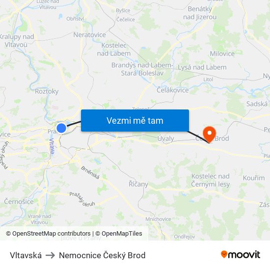 Vltavská to Nemocnice Český Brod map