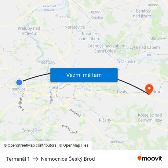 Terminál 1 to Nemocnice Český Brod map