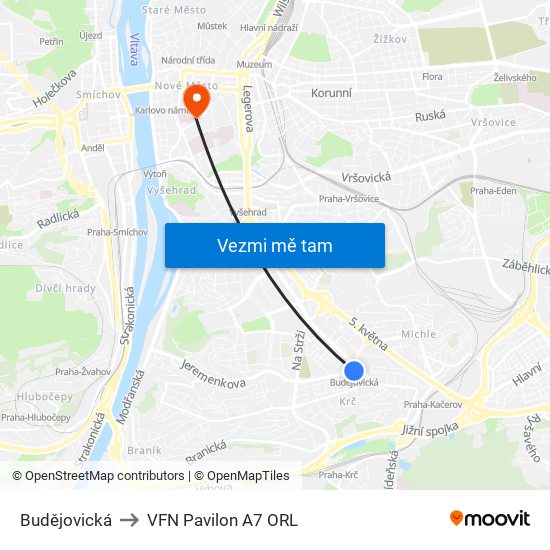 Budějovická to VFN Pavilon A7 ORL map