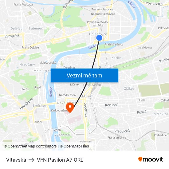 Vltavská to VFN Pavilon A7 ORL map