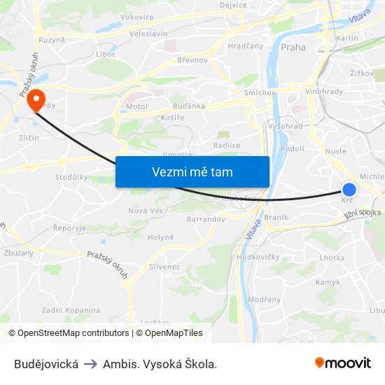 Budějovická to Ambis. Vysoká Škola. map