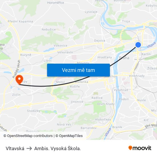 Vltavská to Ambis. Vysoká Škola. map