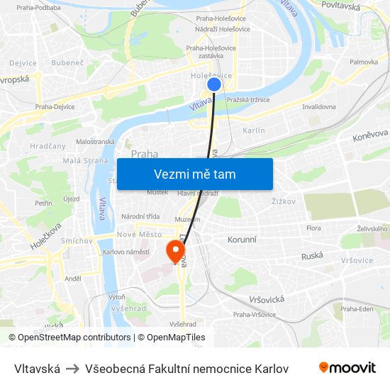 Vltavská to Všeobecná Fakultní nemocnice Karlov map