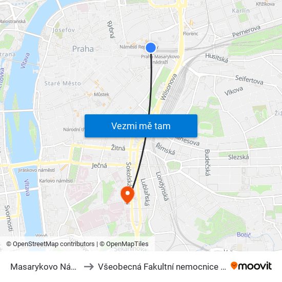 Masarykovo Nádraží to Všeobecná Fakultní nemocnice Karlov map