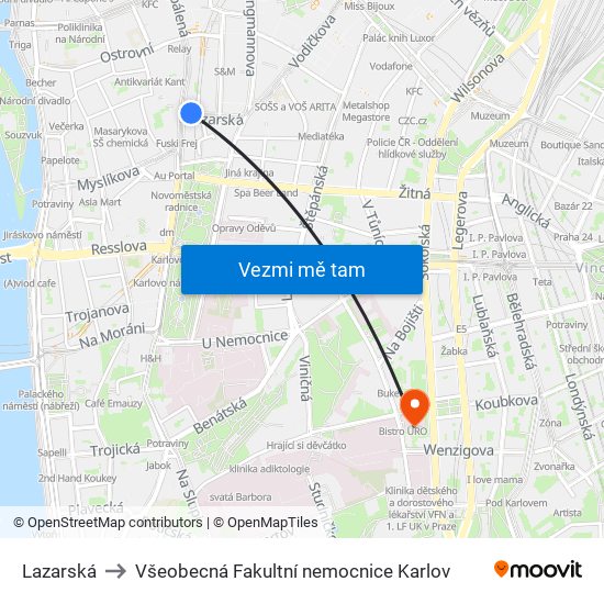 Lazarská to Všeobecná Fakultní nemocnice Karlov map