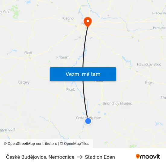 České Budějovice, Nemocnice to Stadion Eden map