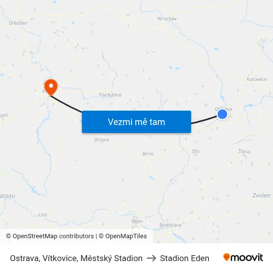 Ostrava, Vítkovice, Městský Stadion to Stadion Eden map