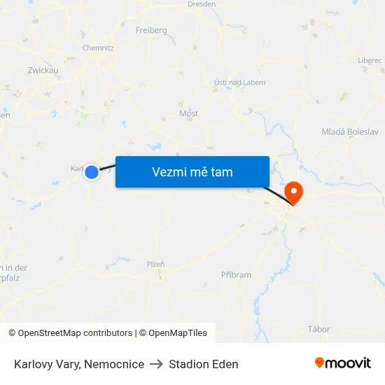 Karlovy Vary, Nemocnice to Stadion Eden map