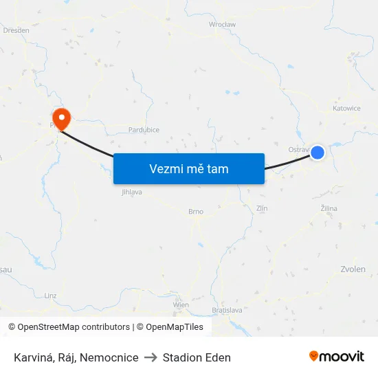 Karviná, Ráj, Nemocnice to Stadion Eden map