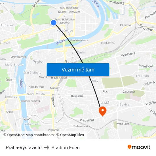 Praha-Výstaviště to Stadion Eden map