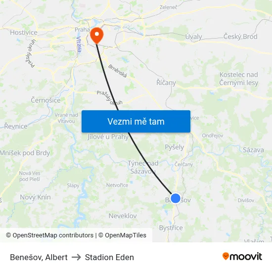 Benešov, Albert to Stadion Eden map