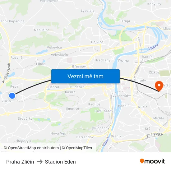 Praha-Zličín to Stadion Eden map