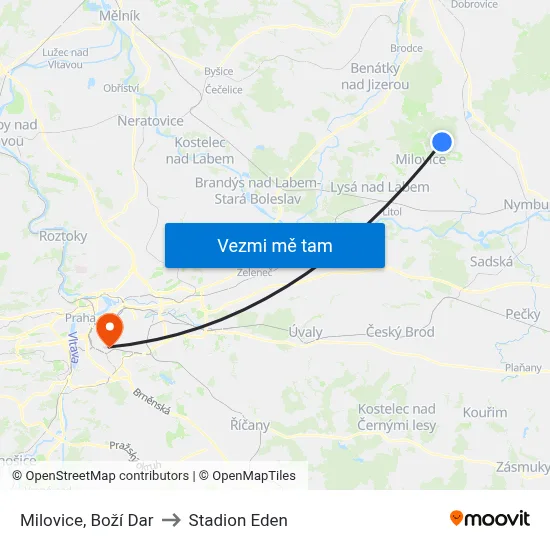 Milovice, Boží Dar to Stadion Eden map