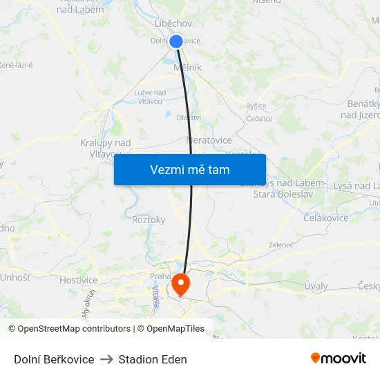 Dolní Beřkovice to Stadion Eden map