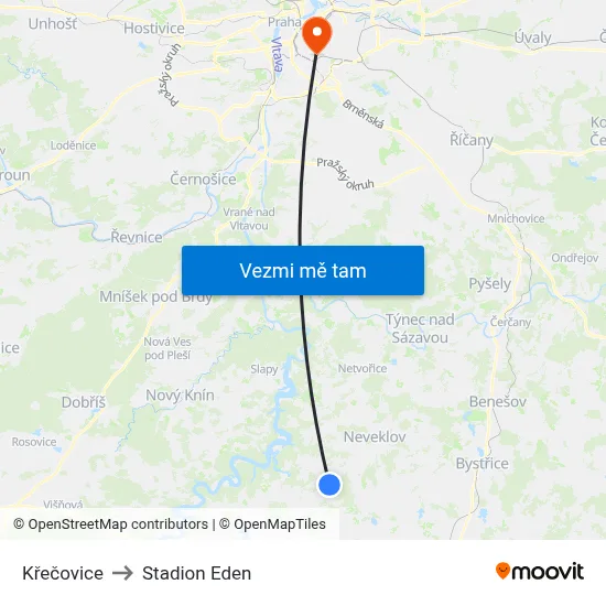 Křečovice to Stadion Eden map