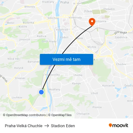Praha-Velká Chuchle to Stadion Eden map
