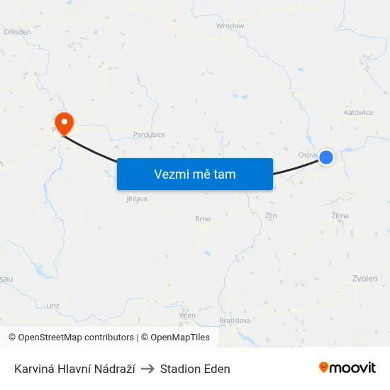 Karviná Hlavní Nádraží to Stadion Eden map