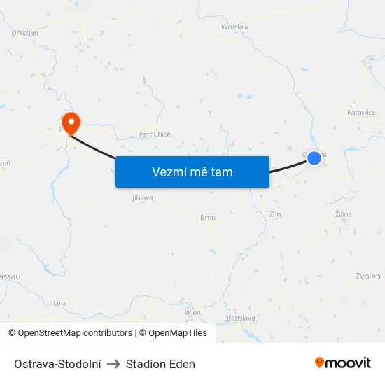 Ostrava-Stodolní to Stadion Eden map