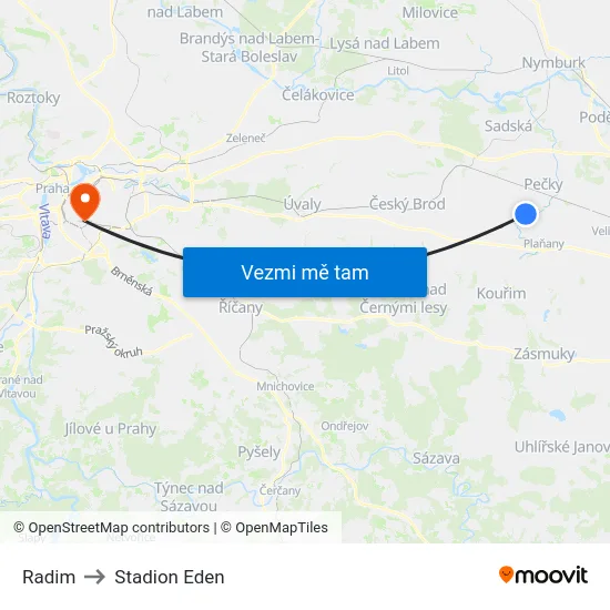 Radim to Stadion Eden map