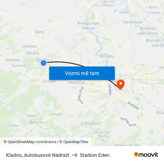 Kladno, Autobusové Nádraží to Stadion Eden map
