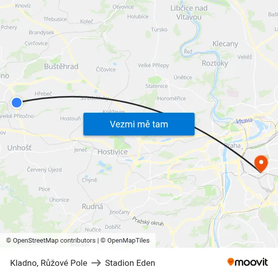Kladno, Růžové Pole to Stadion Eden map