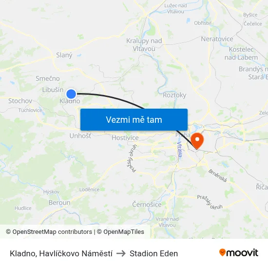 Kladno, Havlíčkovo Náměstí to Stadion Eden map