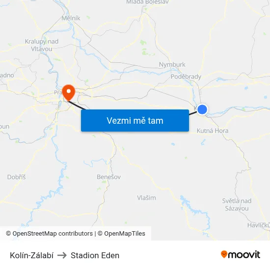 Kolín-Zálabí to Stadion Eden map