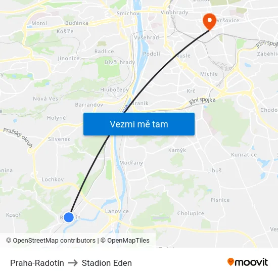 Praha-Radotín to Stadion Eden map