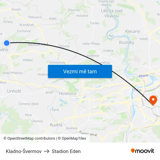 Kladno-Švermov to Stadion Eden map