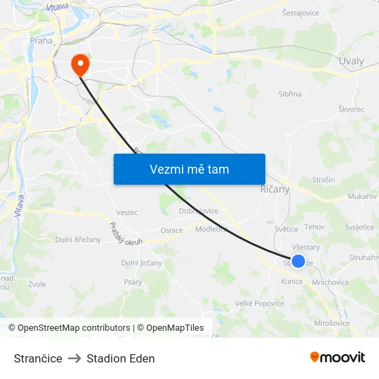 Strančice to Stadion Eden map