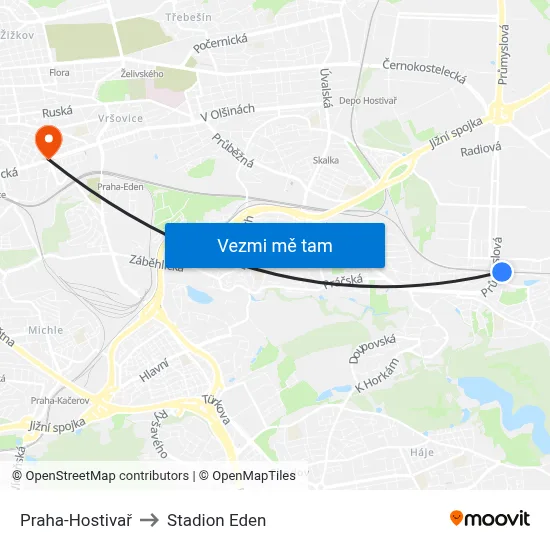 Praha-Hostivař to Stadion Eden map