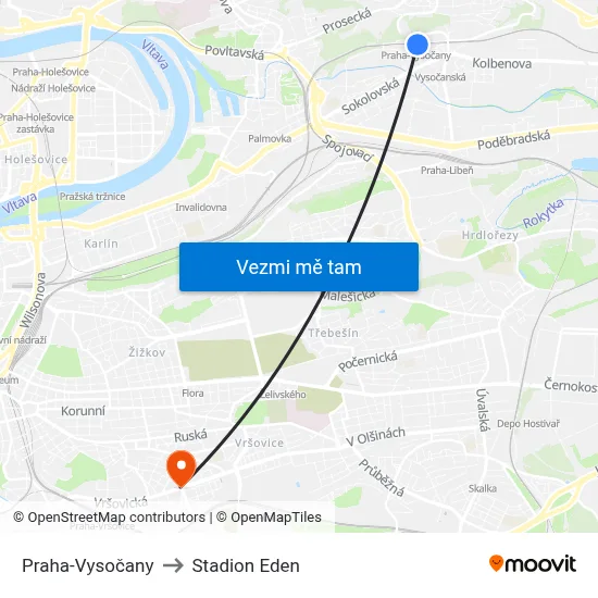Praha-Vysočany to Stadion Eden map