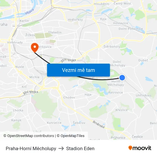 Praha-Horní Měcholupy to Stadion Eden map