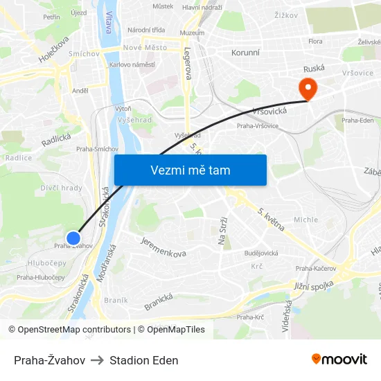 Praha-Žvahov to Stadion Eden map