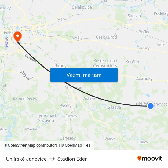 Uhlířské Janovice to Stadion Eden map