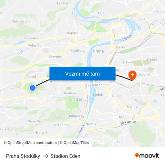 Praha-Stodůlky to Stadion Eden map