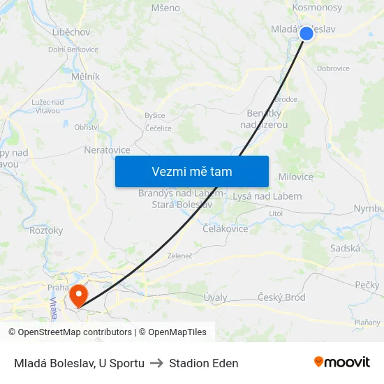 Mladá Boleslav, U Sportu to Stadion Eden map