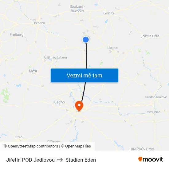 Jiřetín POD Jedlovou to Stadion Eden map