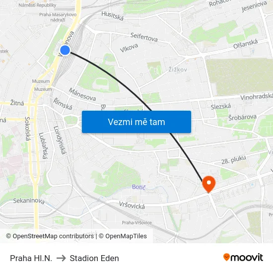 Praha Hl.N. to Stadion Eden map
