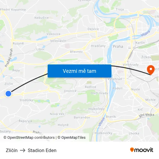 Zličín to Stadion Eden map