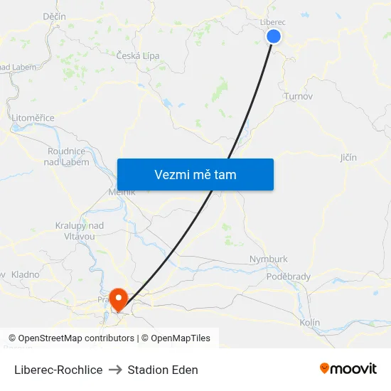 Liberec-Rochlice to Stadion Eden map