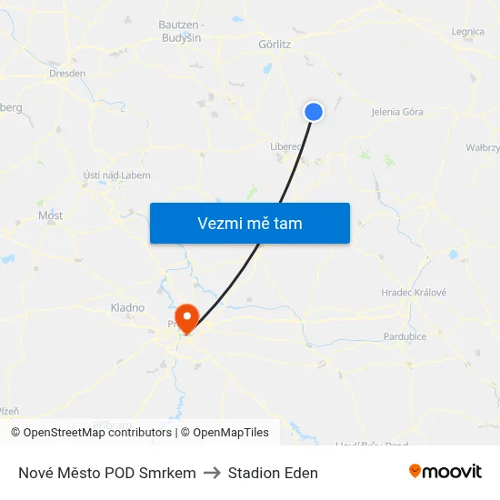 Nové Město POD Smrkem to Stadion Eden map